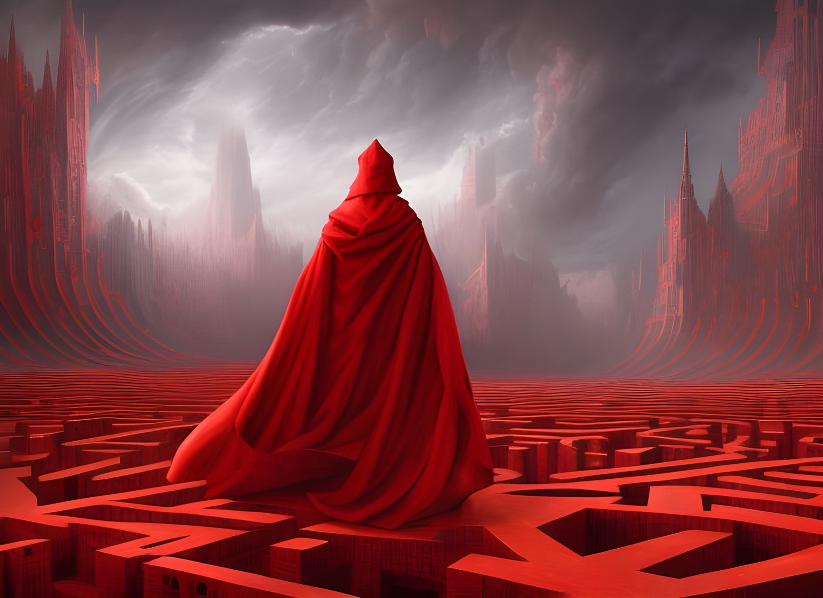 Red Cloak in Geometric Maze: Surreal Digital Art