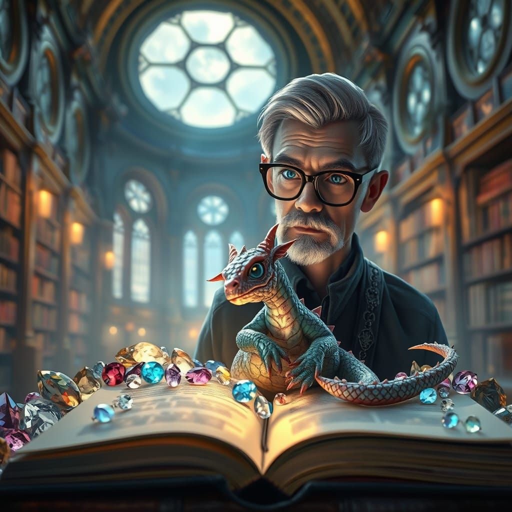 Miniature Dragon with Glowing Jewelry, Fantasy Art