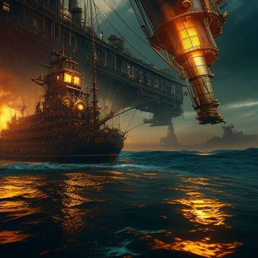 Steampunk Captain's Ocean Search at Sunset
