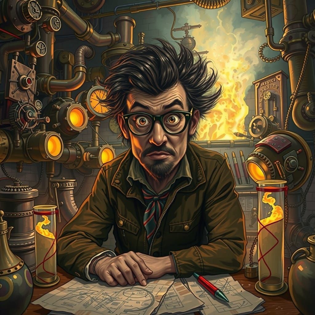 Steampunk Inventor's Moment of Genius