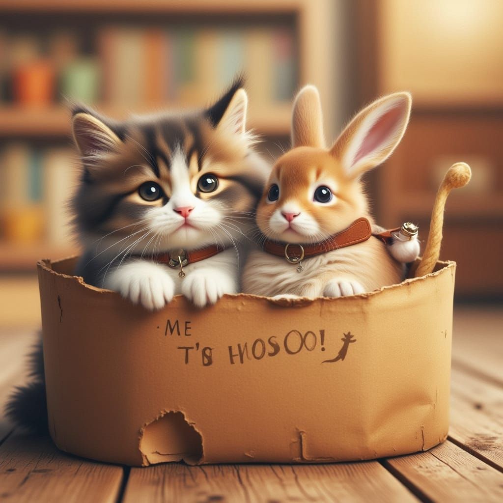 Sad Cat and Bunny in Storybook Style