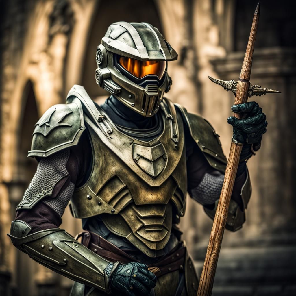 ((Medieval:1.5)) Master Chief holding a ((long pike))”