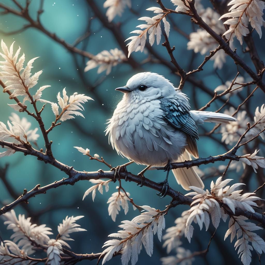 Cute White Bird on Silver Branch in Fantasy Art