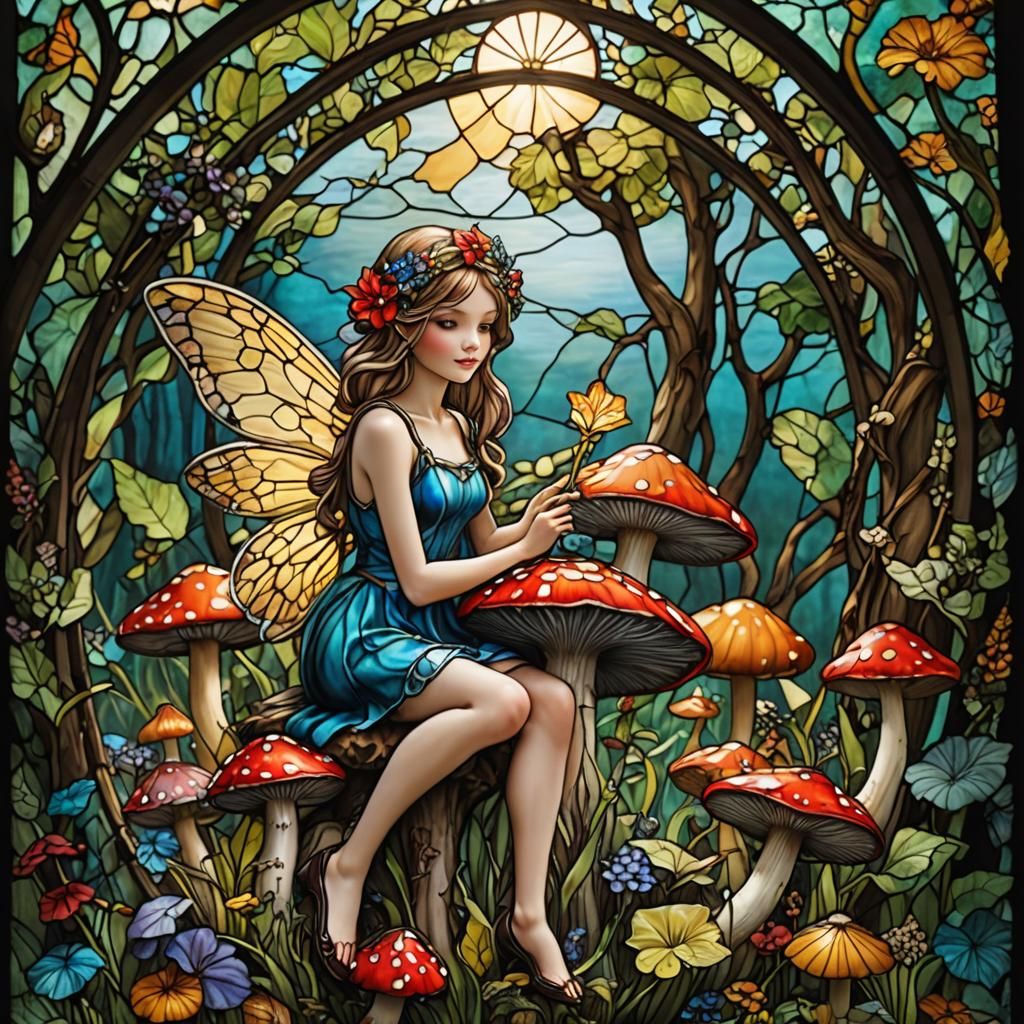 Stained Glass Fairy on Mushroom, Hyperrealistic Art