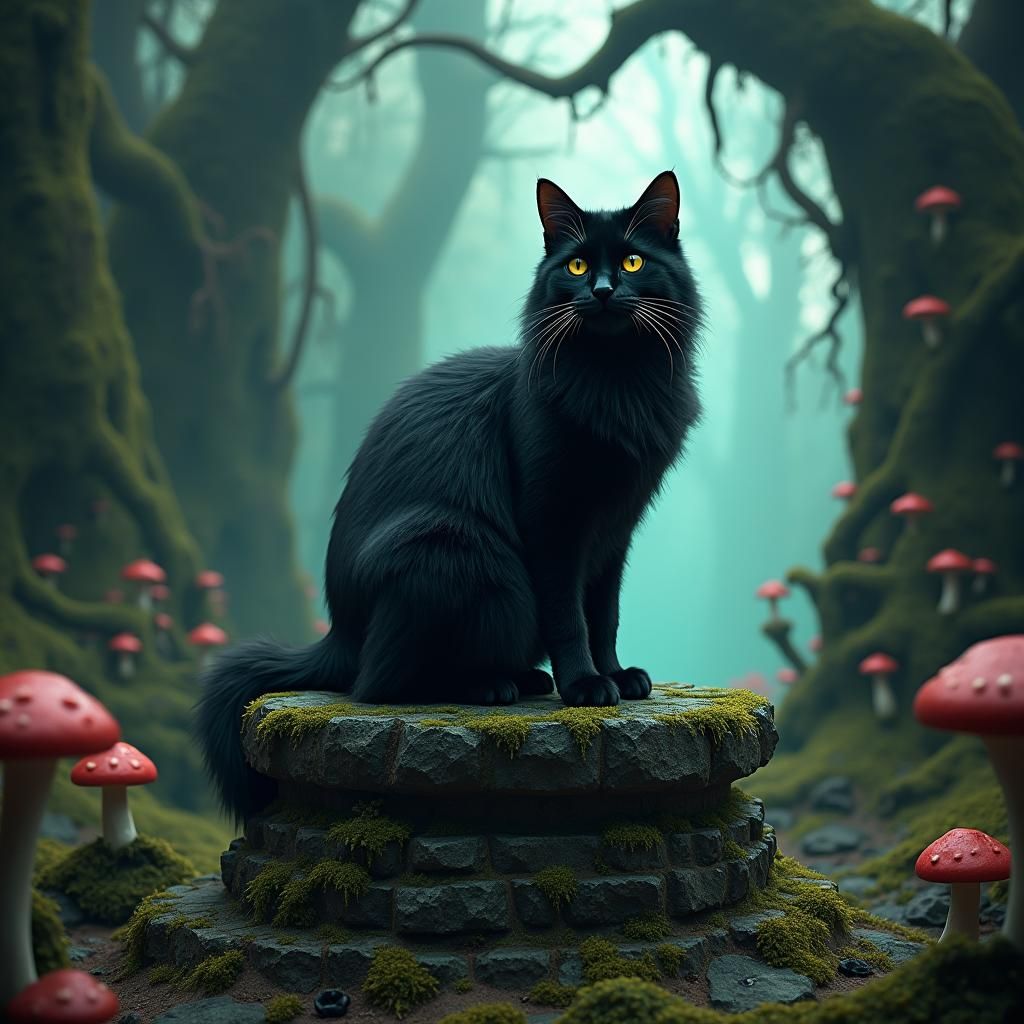 Majestic Black Cat in Mystical Forest, Hyper-Realistic Art