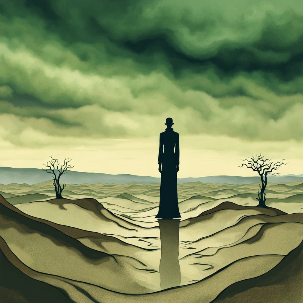 Surreal Figure in Eerie Art Nouveau Landscape
