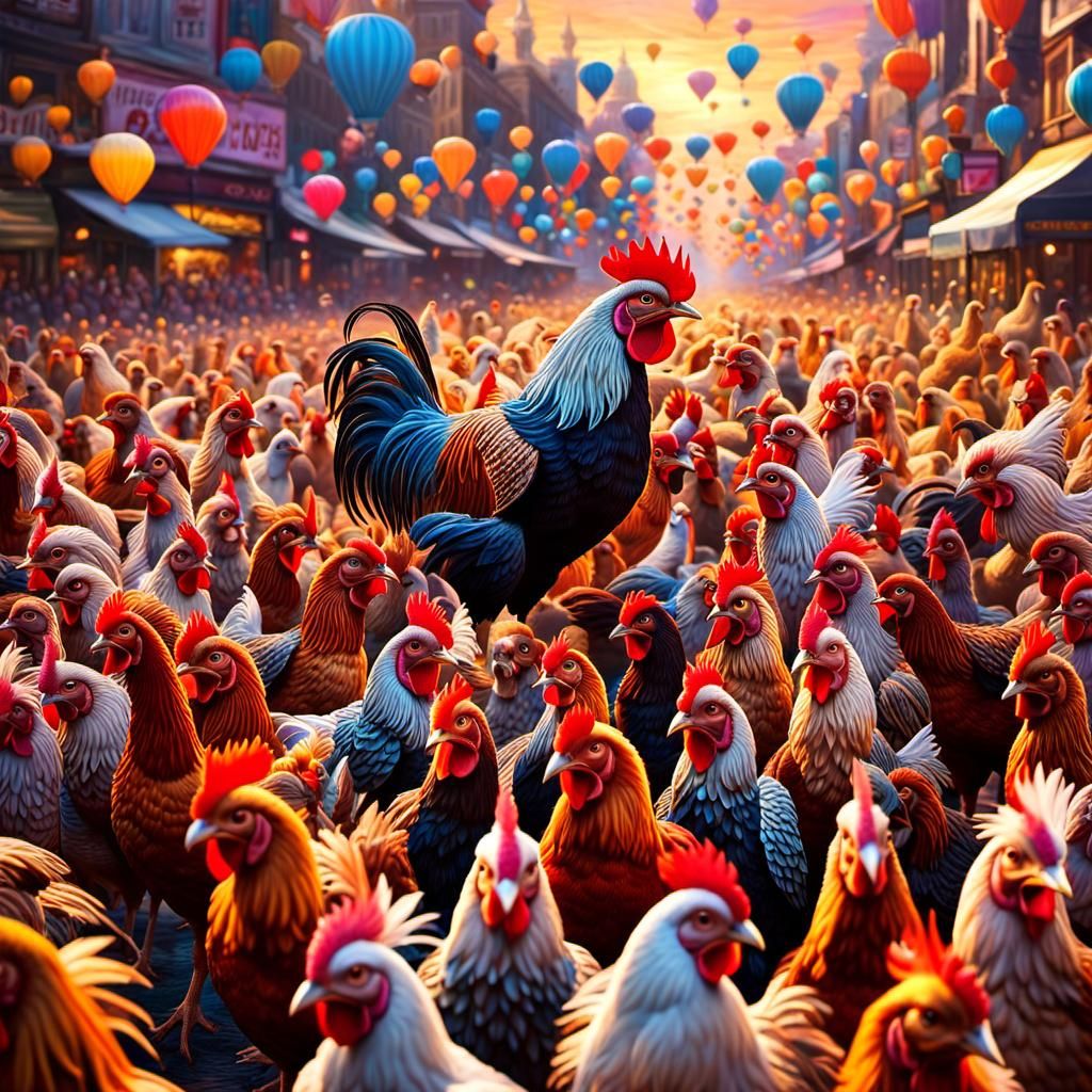 Whimsical Chicken Parade in Fantasy Art Style