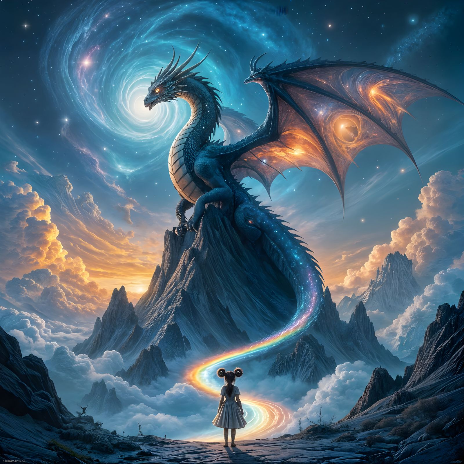 Cosmic Dragon Perched on Obsidian Peak