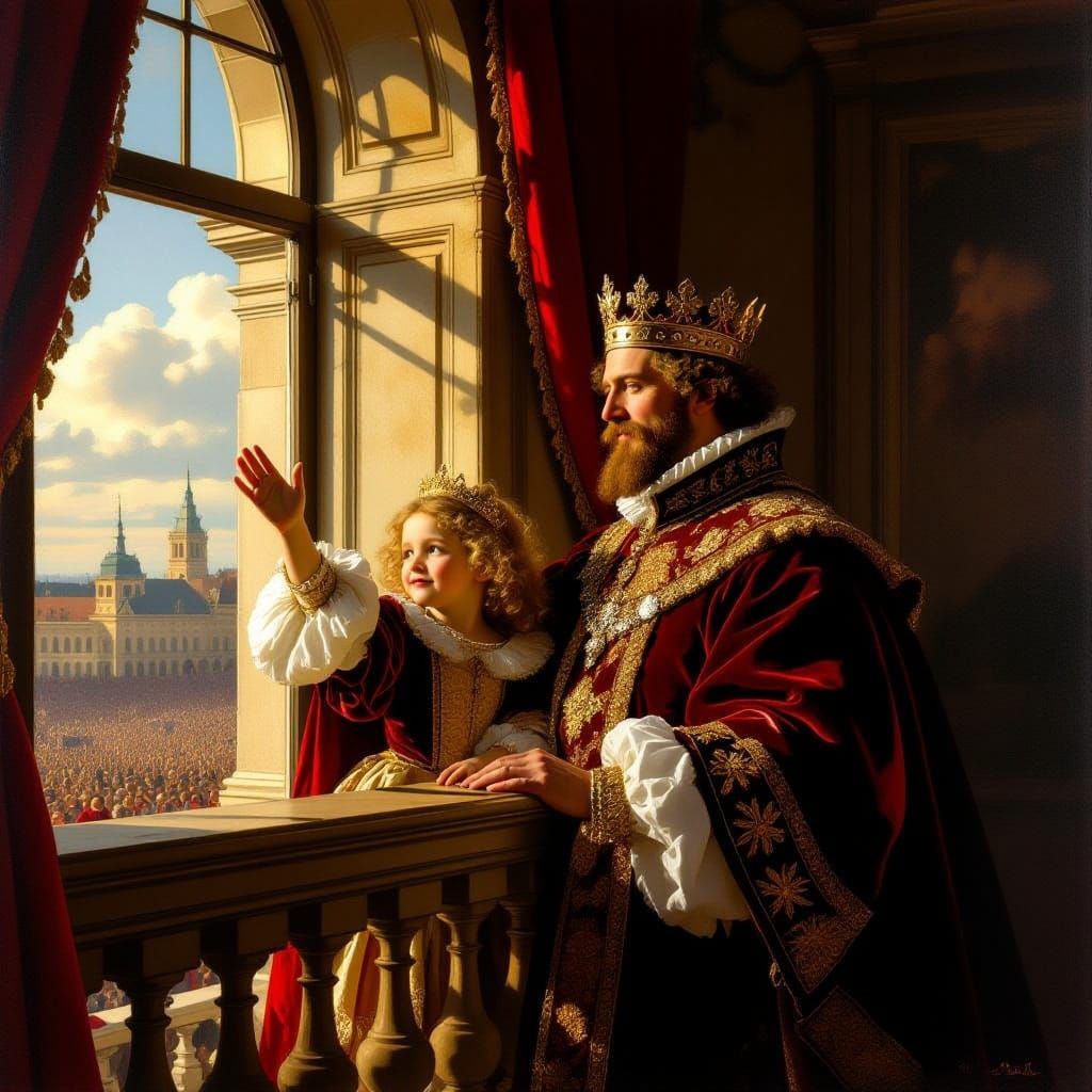 King Teaches Daughter to Wave from Palace Balcony in Oil Pai...