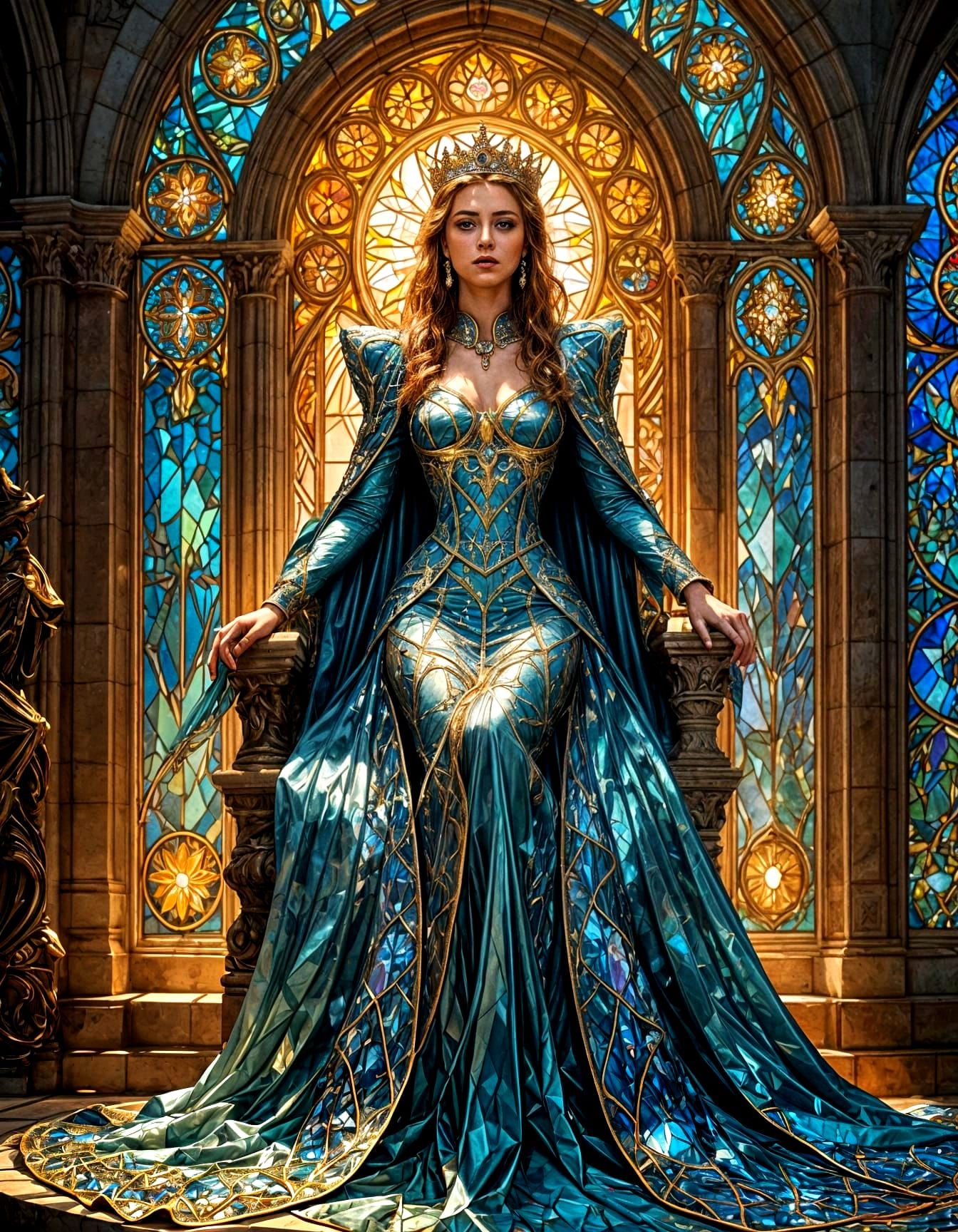 Regal Queen in Elaborate Stained Glass Gown