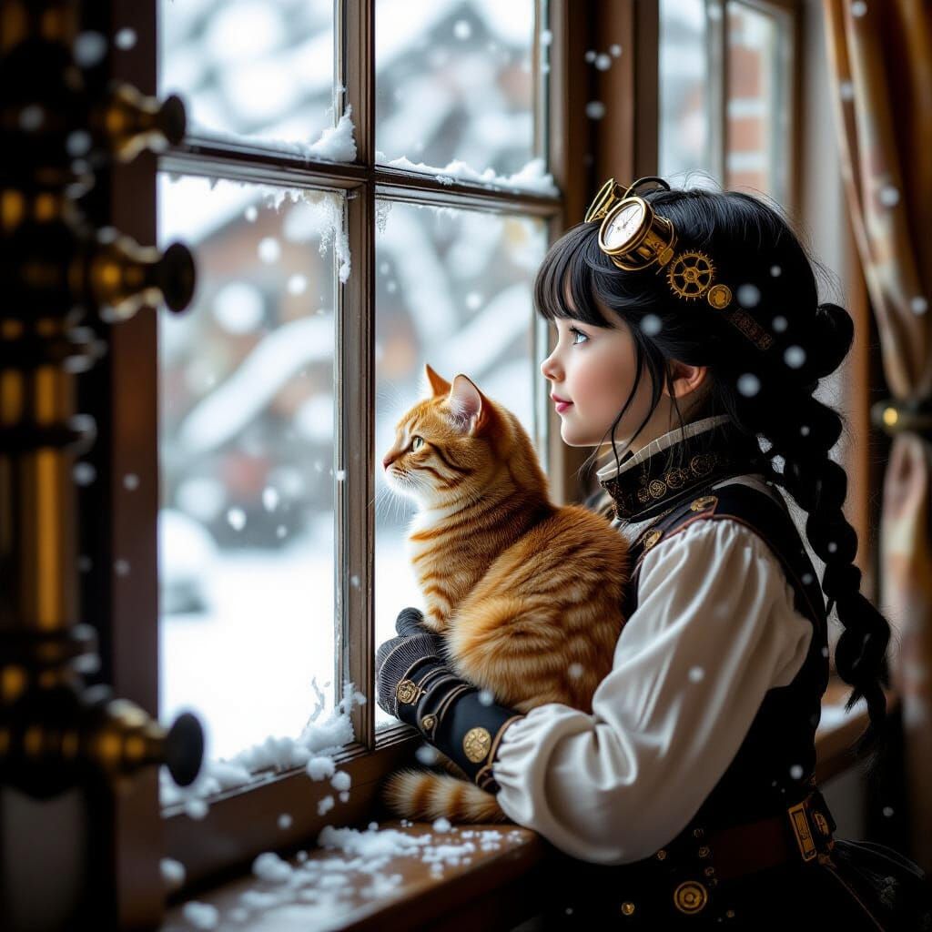 Steampunk Girl with Ginger Cat by Snowy Window