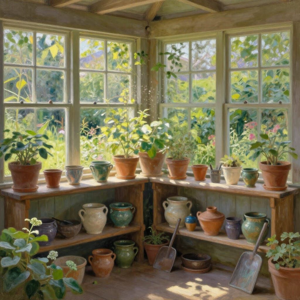Sunroom Serenity: Overgrown Garden View with Impressionist C...