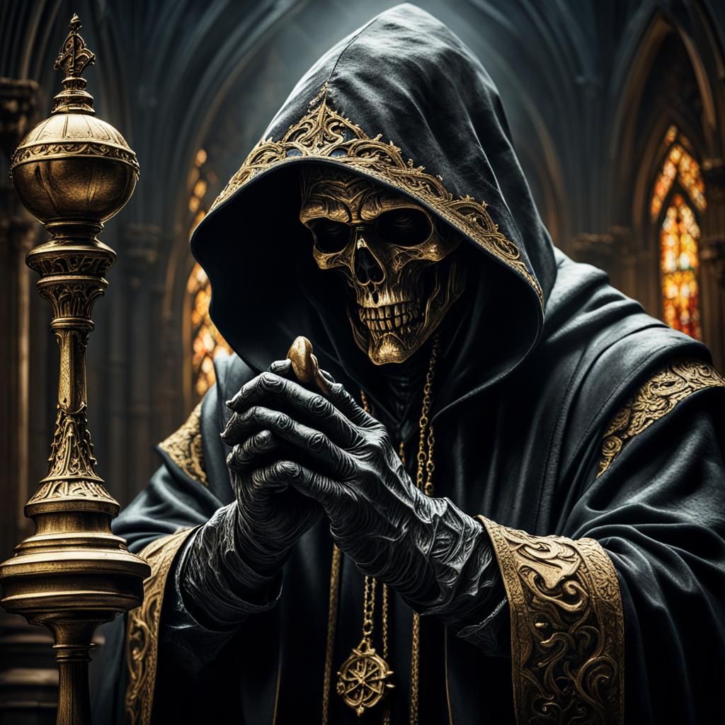 Hooded Figure Praying in Dark Fantasy Art