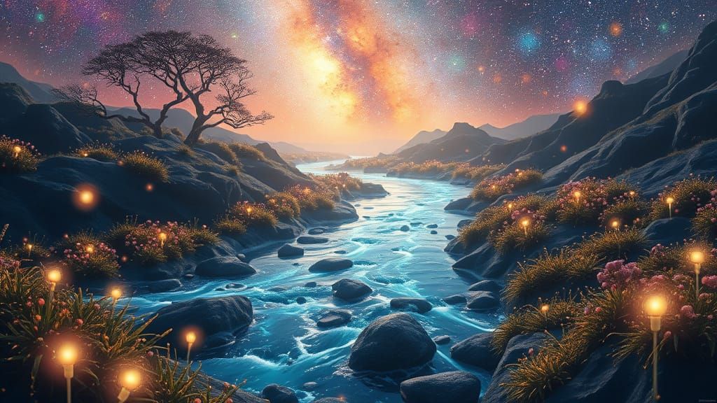 Dreamlike Cosmic River in Surrealist Style