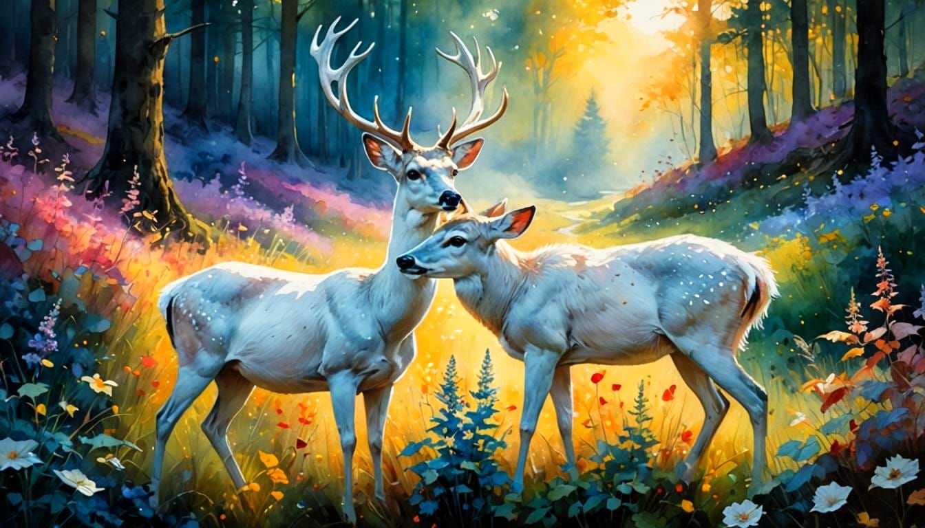 White Deer in Magical Meadow, Watercolor and Ink