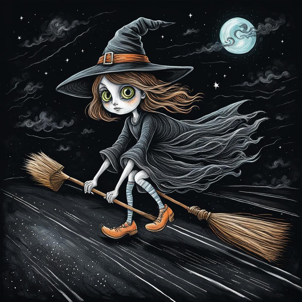 Charming Little Witch Chalk Art on Pavement