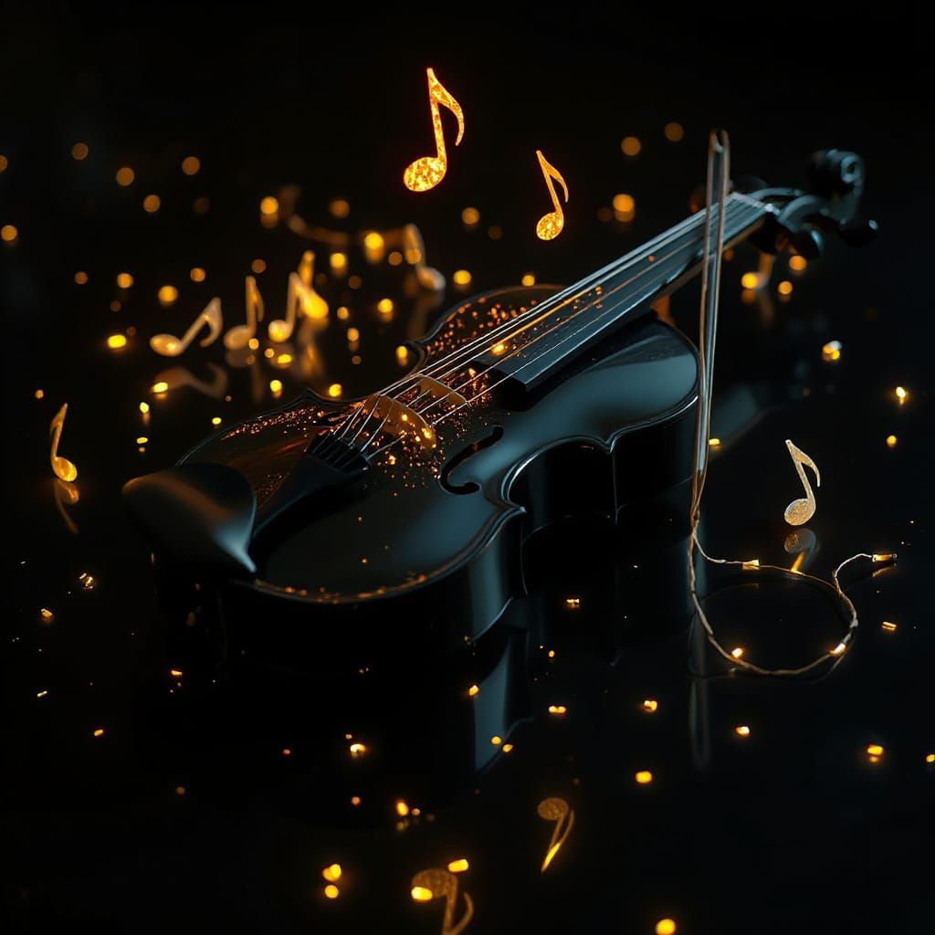 Glowing Violin on Reflective Surface