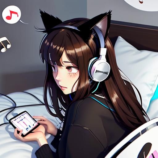 Depressed Girl with Cat Ears Listening to Music