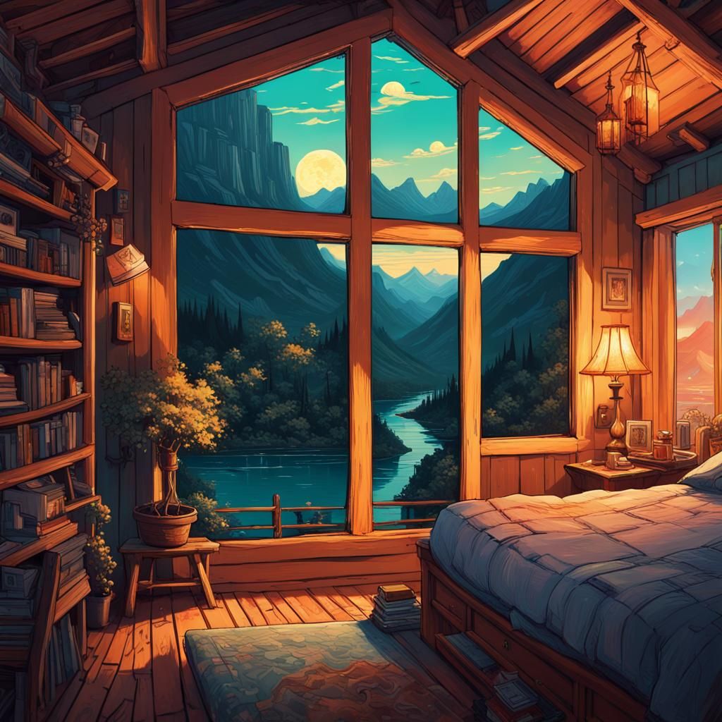 Mountain Town Lake View in Oil Painting Style