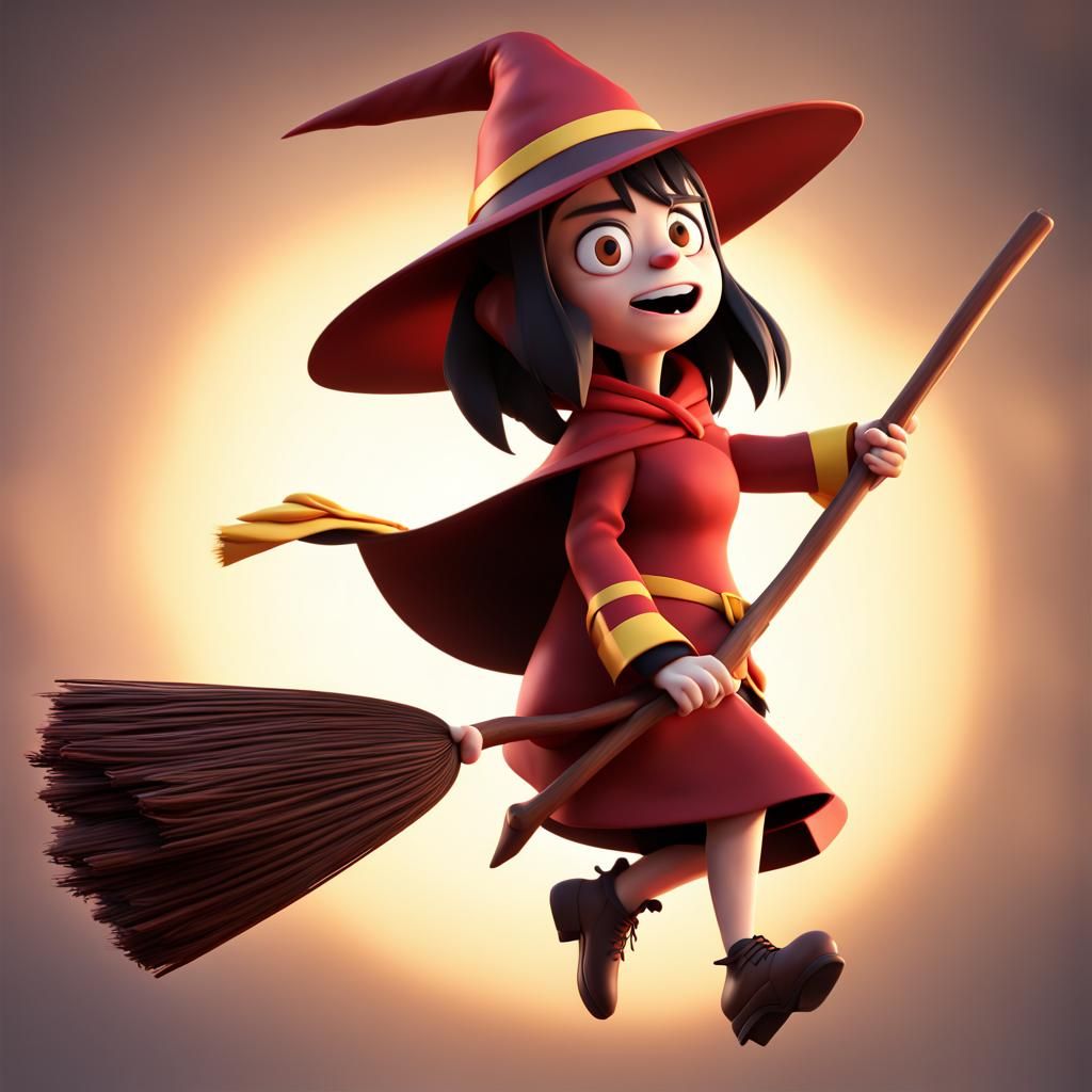 Megumin on Broomstick: Pixar-Style 3D Digital Art