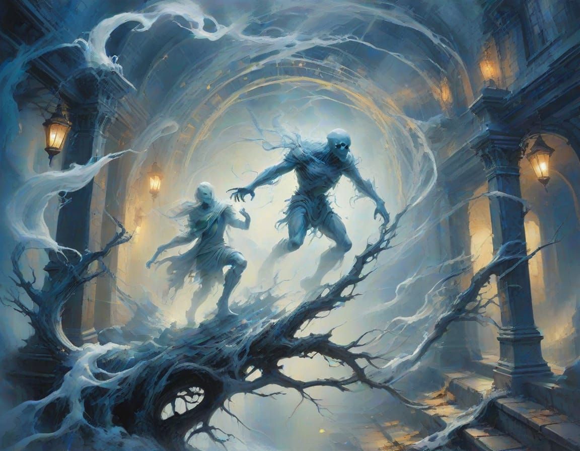 Ghostly Figure in Abstract Expressionist Blue and White Art