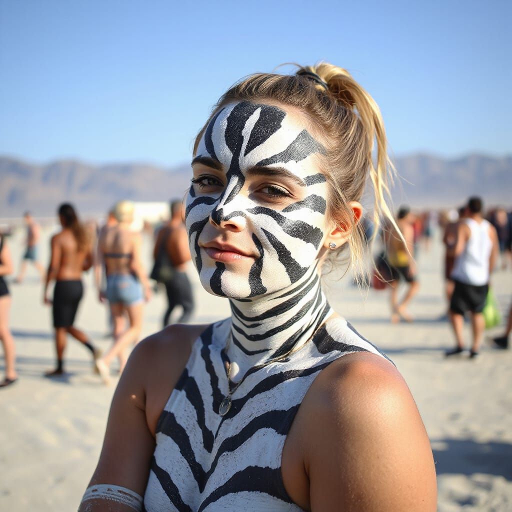 Woman with Zebra Body Paint at Burning Man Festival