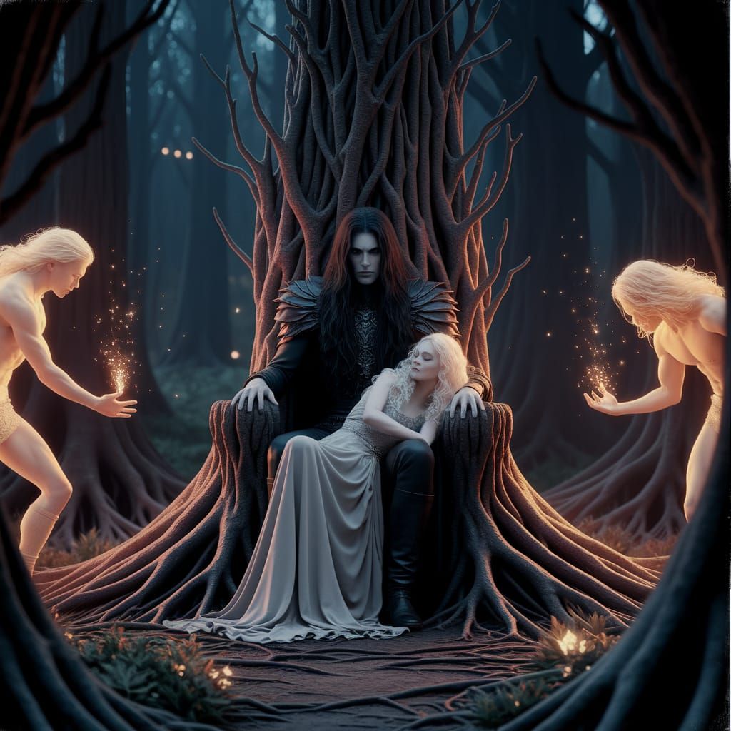Ethereal Forest Scene with Dark Figure on Root Throne
