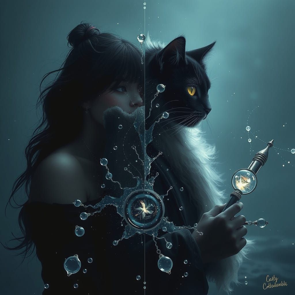 Surreal Mirror Portrait of a Cat in a Mysterious, Shimmering...