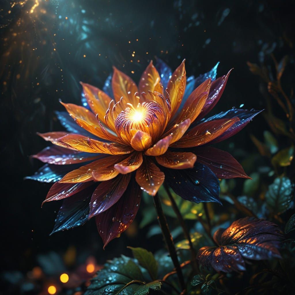 Surreal Oil Painting of Magic Flower Illuminated by Vibrant ...