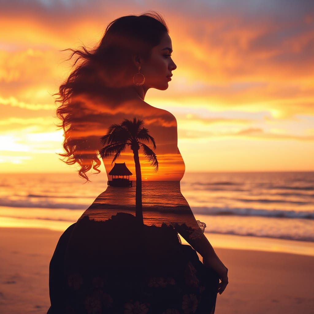 Sunset Goddess: Double Exposure Silhouette in 8K