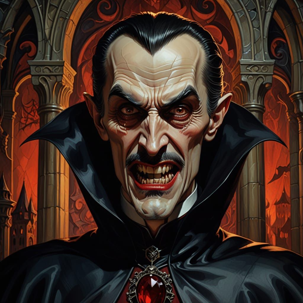 Surreal Dracula Caricature in Gothic Castle