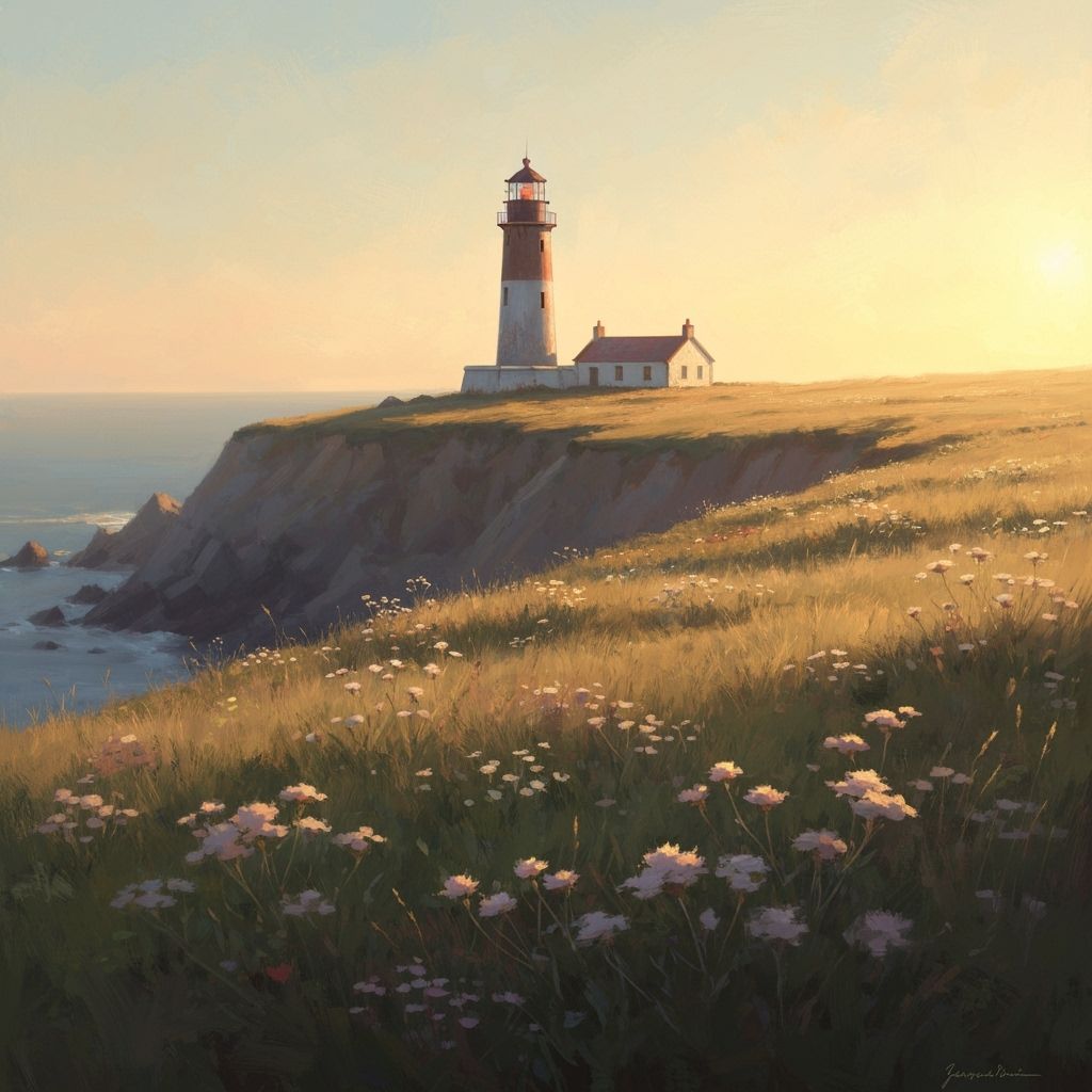 Golden Hour Lighthouse on Rugged Coast, Impressionist Oil Pa...