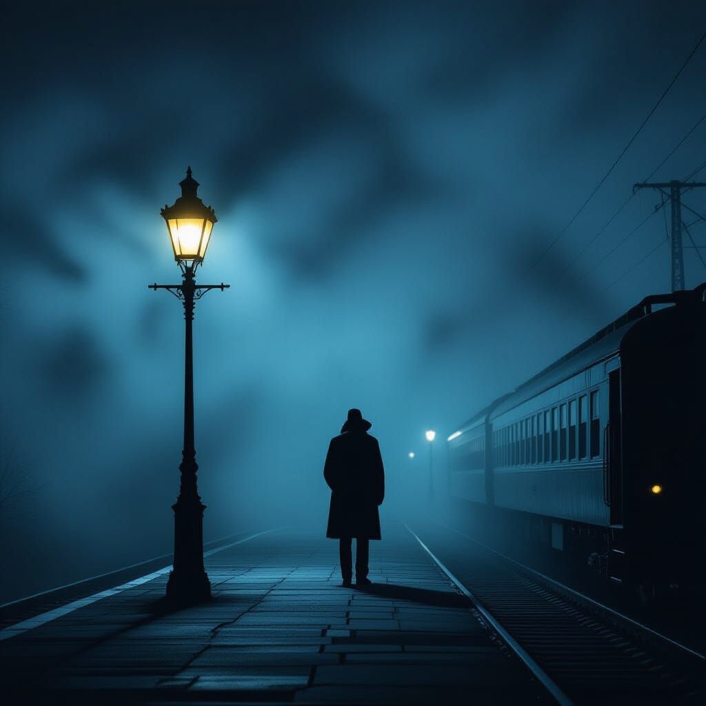 Midnight Train Platform in Mist, Film Noir Style