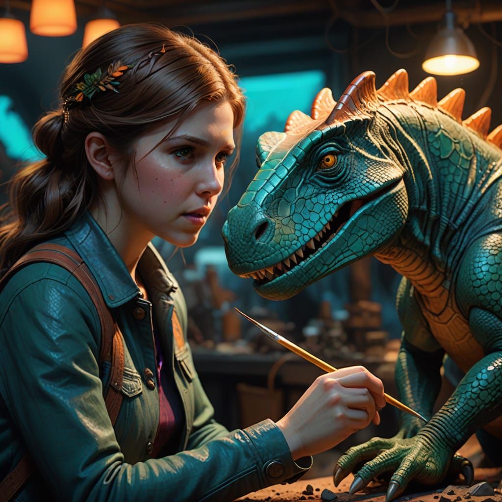 Anna Kendrick Sculpting a Clay Dinosaur in Digital Art