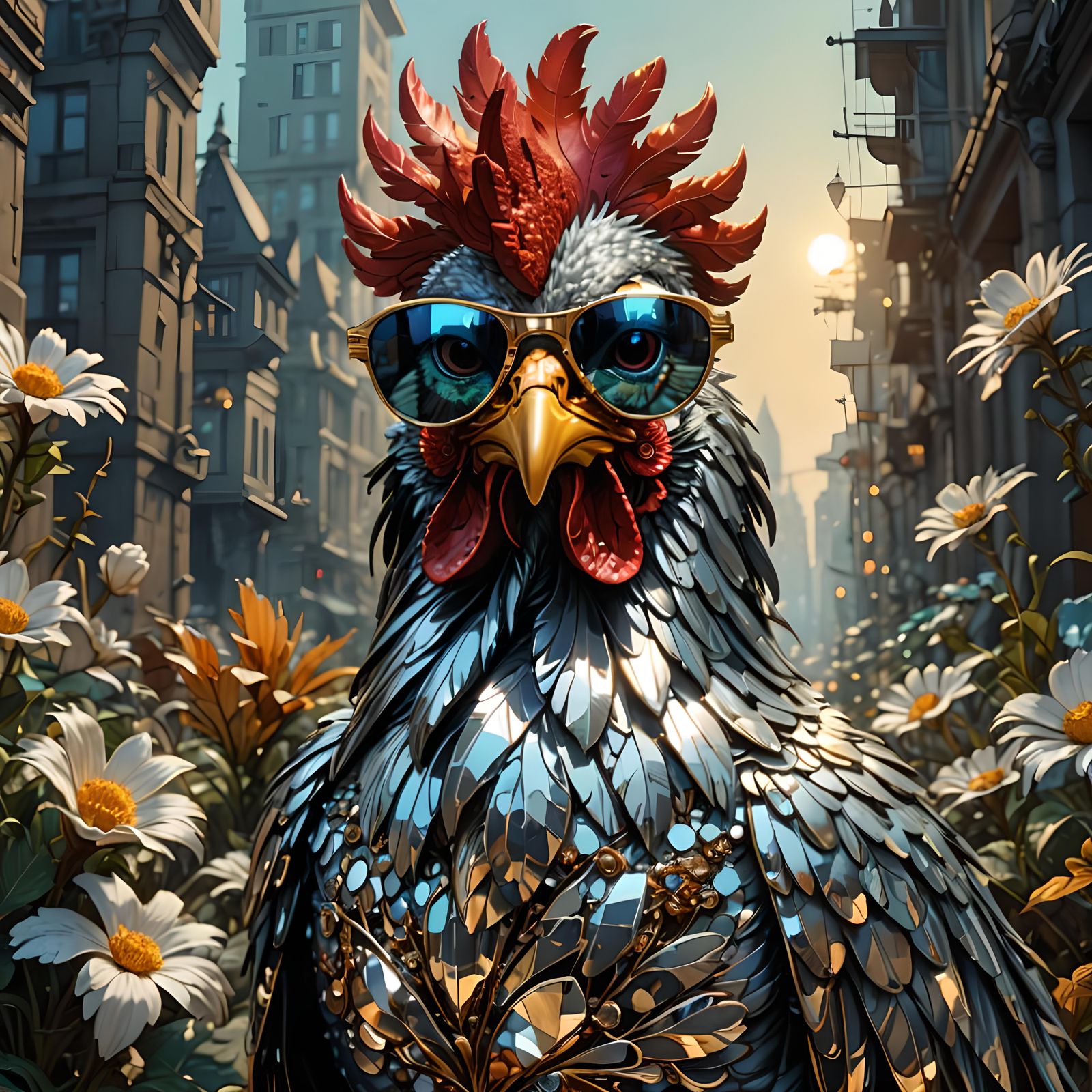 Crystallized Rooster in Sunglasses: Metallic Art