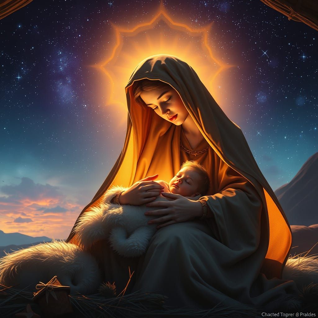 Dreamlike Nativity Scene with Golden Light and Feathery Text...
