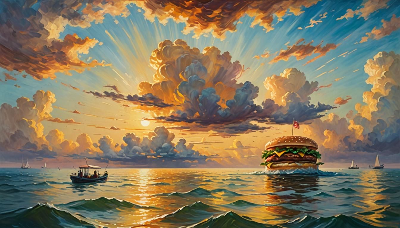 Hamburger School Floats to Sea: Impressionistic Oil Painting