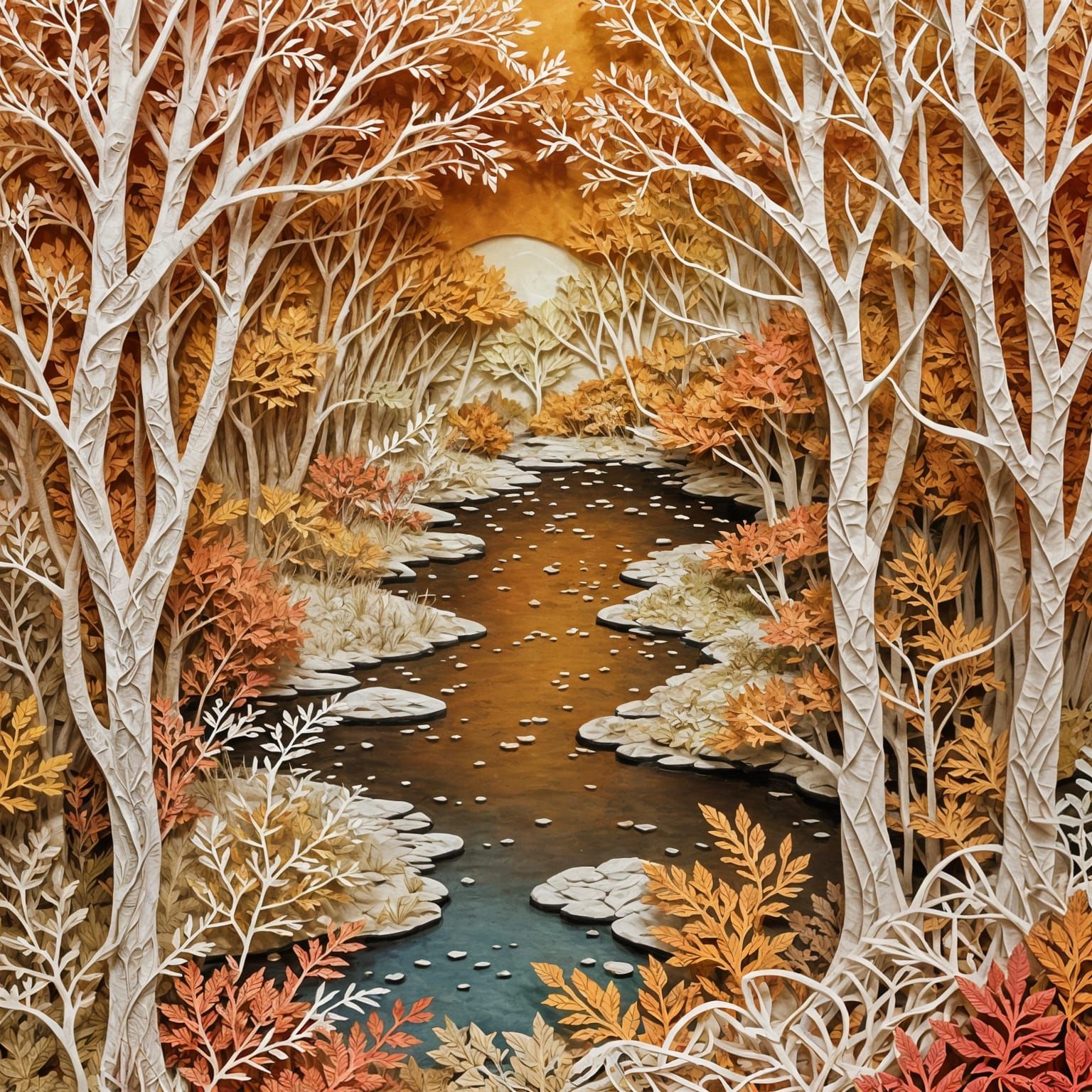 Kirigami Autumn Creek Scene in Paper Art