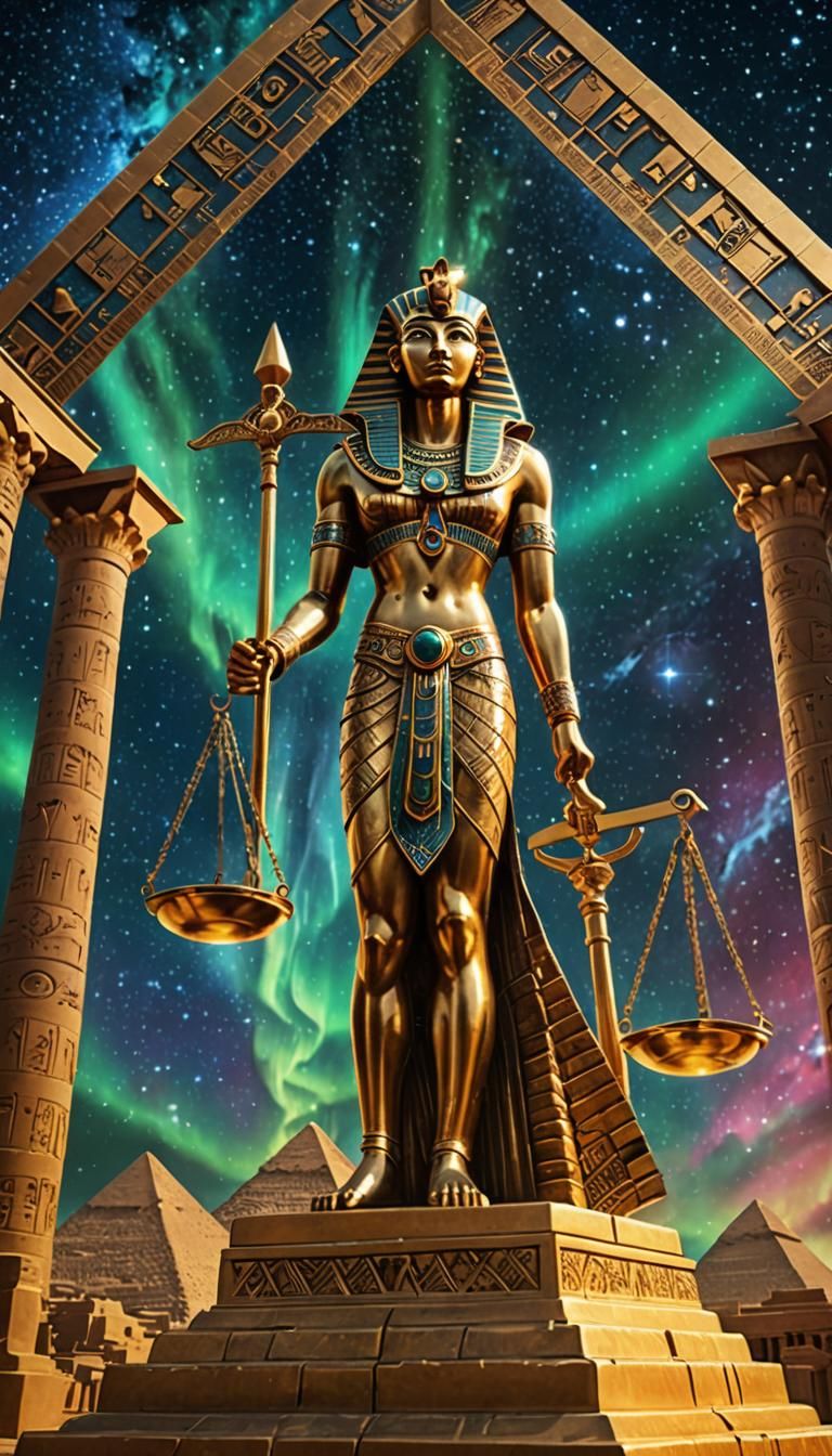 Golden Egyptian Scales of Justice with Aurora Borealis