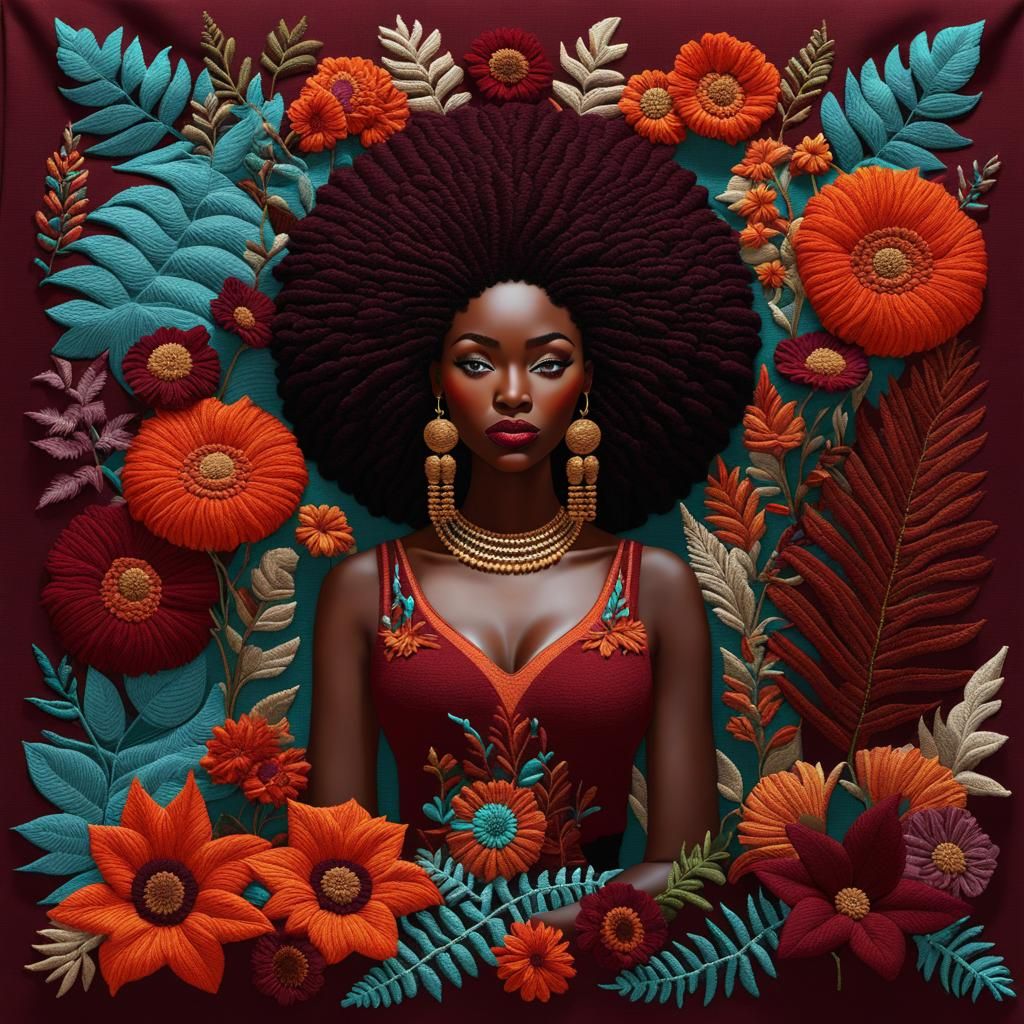 Afrocentric Embroidery Scene with Crewelwork Woman