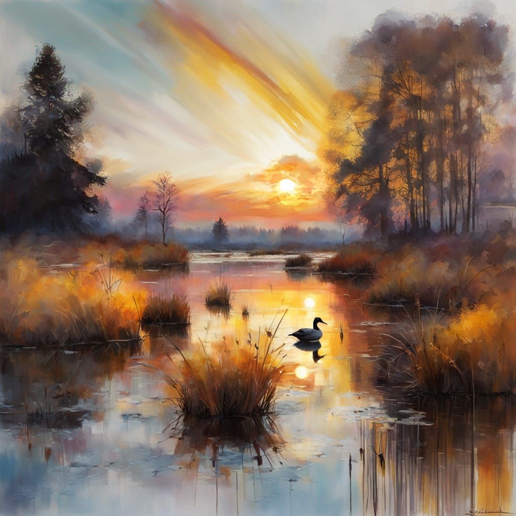 Surreal Sunset with Flying Ducks and Bullrushes in a Golden ...