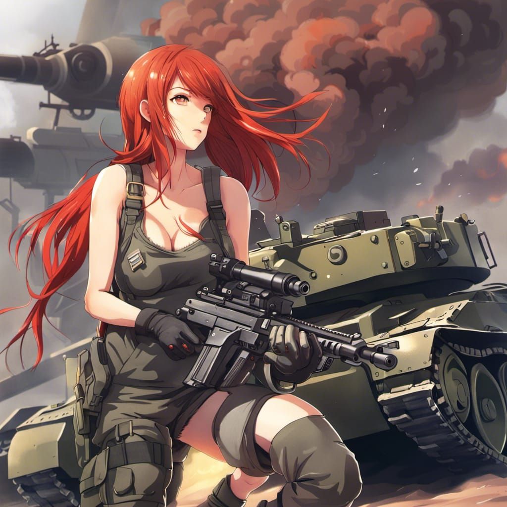 Red-Haired Warrior Girl with Tank, Anime Style