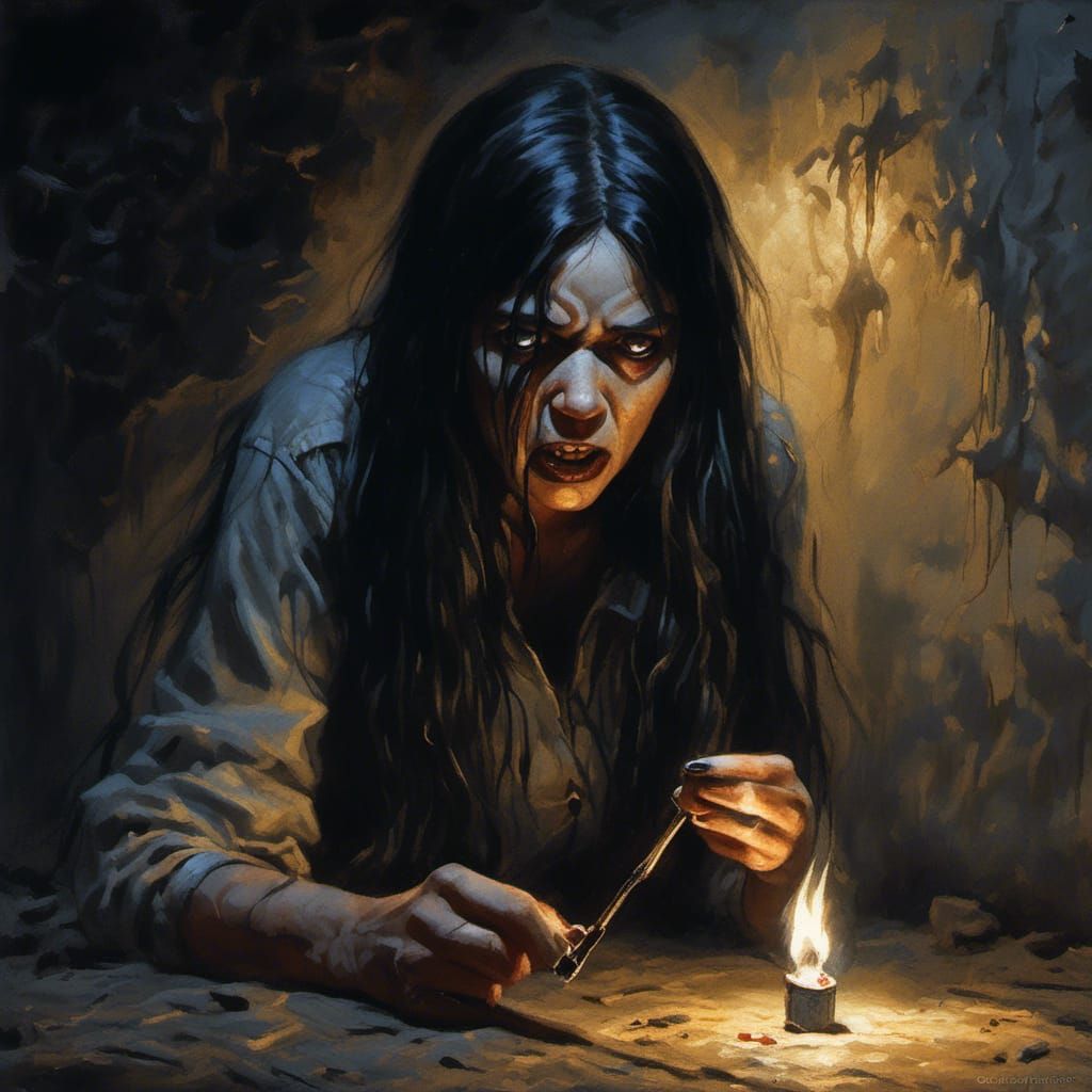 Frightened Woman in Darkness with Lighter, Horror Style