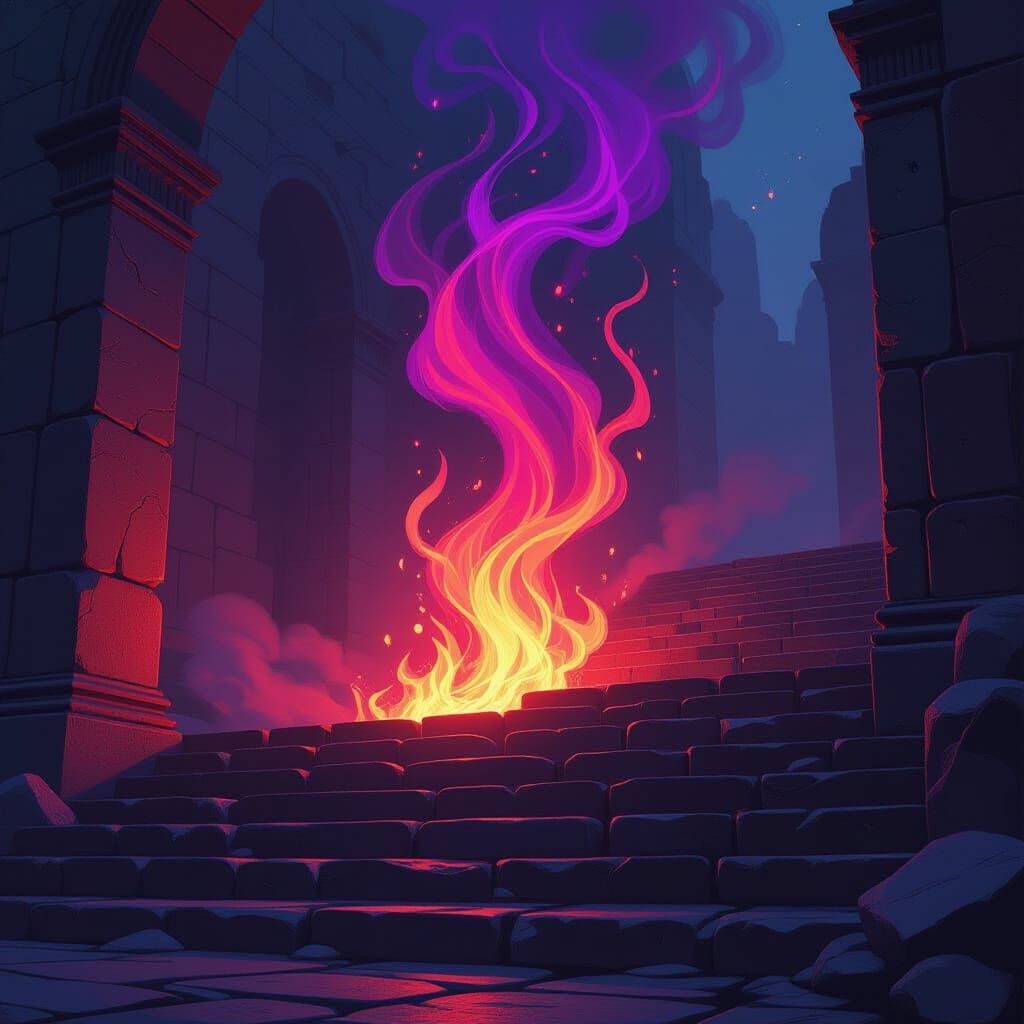 Ethereal Flames Dance on Ancient Stone Steps