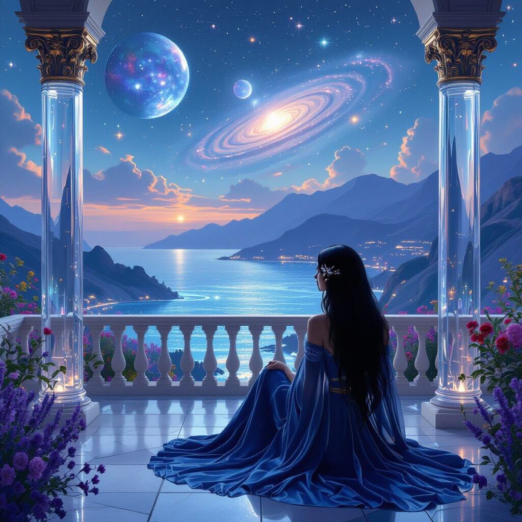 Woman on Terrace with Crystal Columns on Planet Celaeno