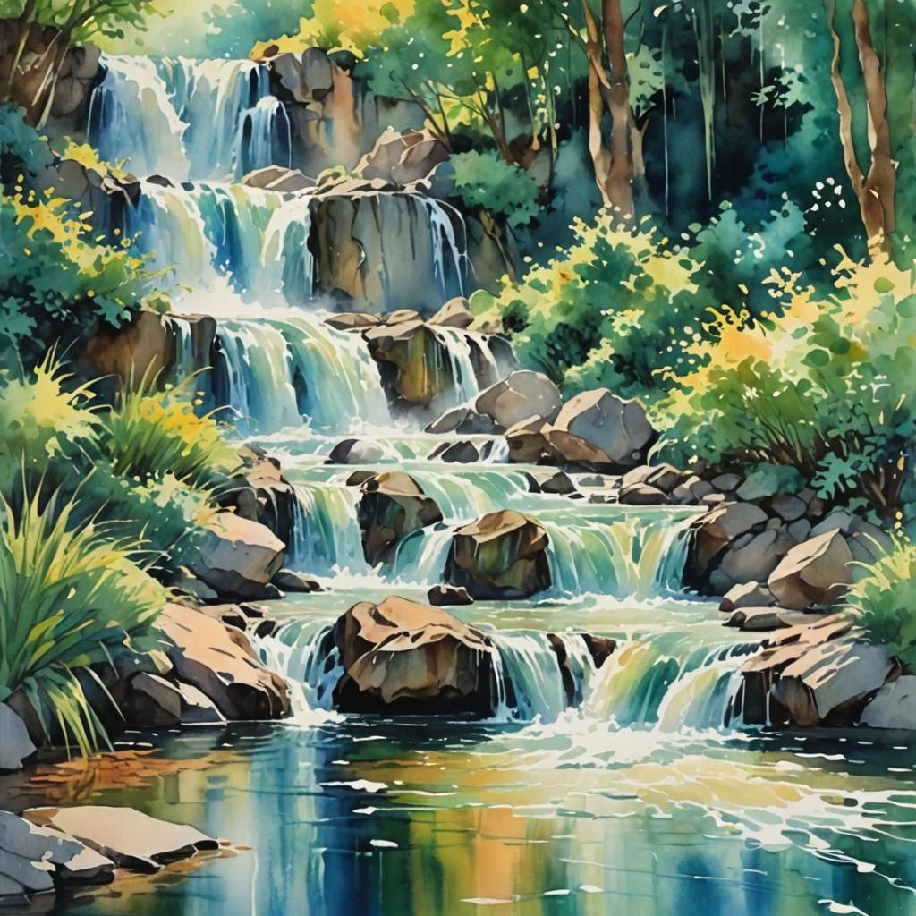 Summer Waterfall in Impressionist Watercolor Painting