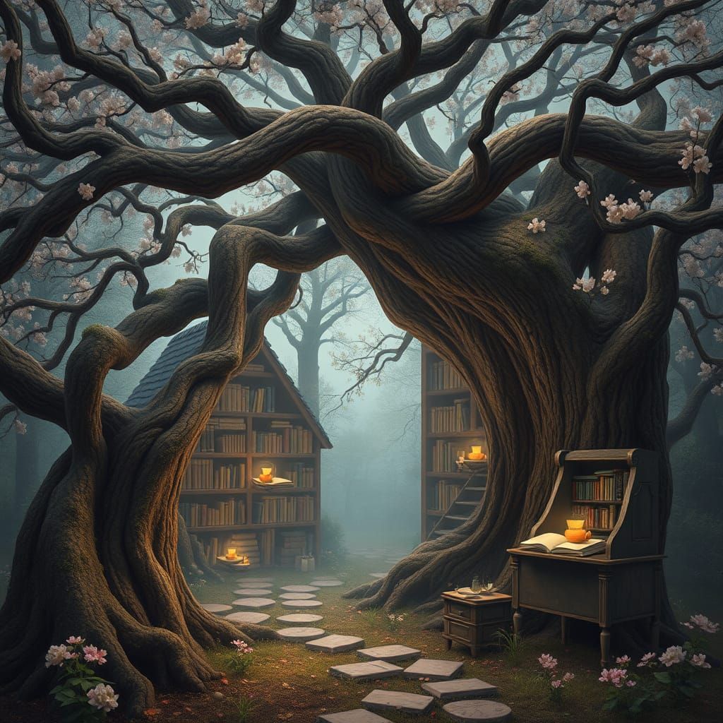 Dreamlike Library Within Ancient Sentient Tree in Springtime...
