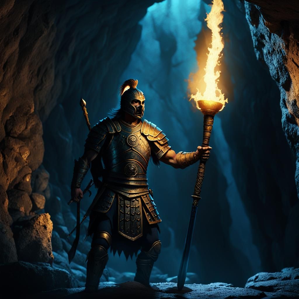 Warrior in Cave with Torch: Dark Fantasy Artwork