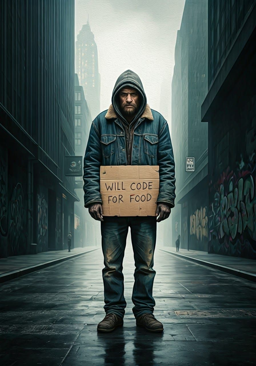 Portrait of a homeless person standing in the street holding...