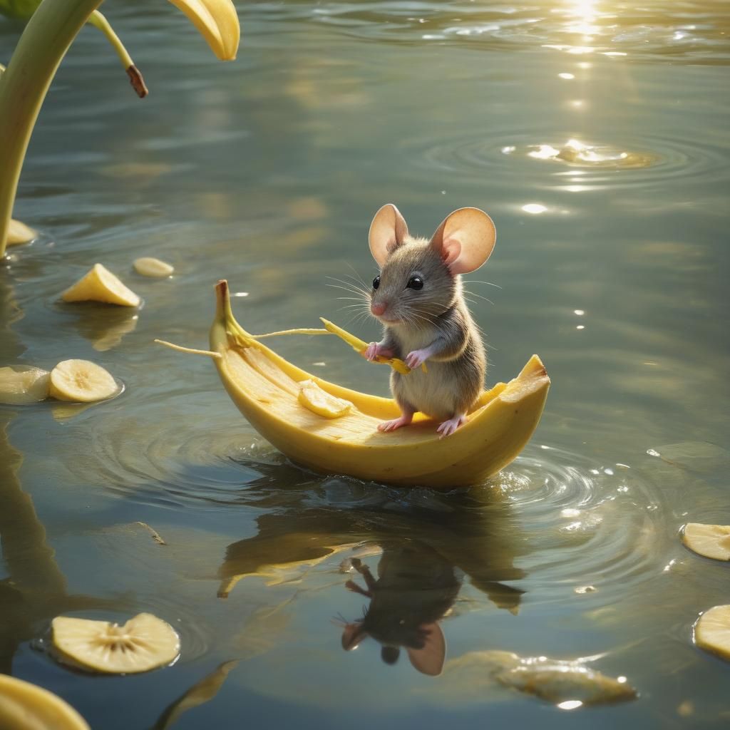Mouse Sailing on Banana Peel in River